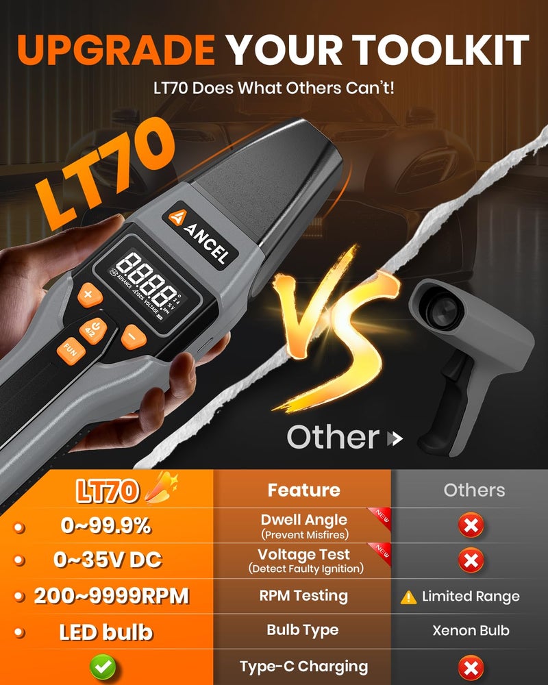 Ancel LT70 Digital Timing Light Automotive, Inductive Ignition Timing Light Gun with Tachometer, Advance, Dwell & Voltage Test, High Bright LED & Type-C Charging, for 9–16 V 2 & 4 Stroke Gas Engines - Image 3